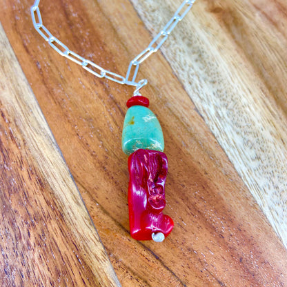 Necklace - Coral and Turquoise on Sterling Chain