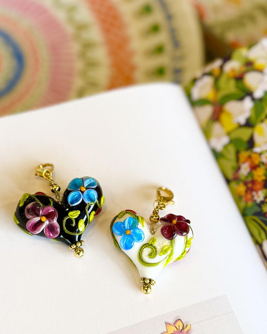 Pendant - Raised Florals on Heart - Glass & Gold Fill