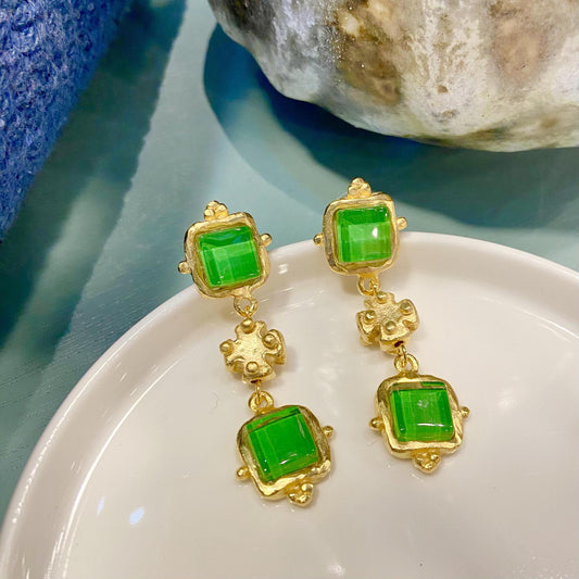 Earrings - French Glass - 14kt Gold Vermeil - Green
