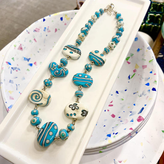 Necklace - Turquoise & White - Sterling Silver & Glass