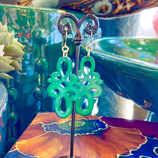 Earrings - Double Scroll Drop - Green - Resin