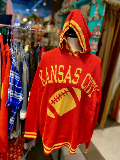 Oversized Hooded Sweater - KANSAS CITY & Football - Unisex - Yellow on Red