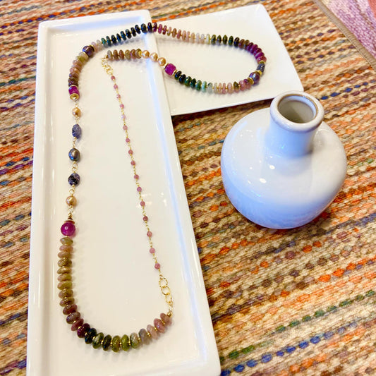 Necklace - Tourmaline/Pearl/Faceted Ruby - Gold On Brass