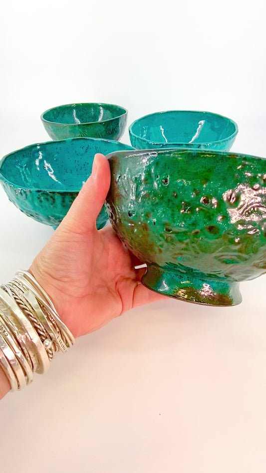 Bowl - Glazed Ceramic Footed Original - Teal
