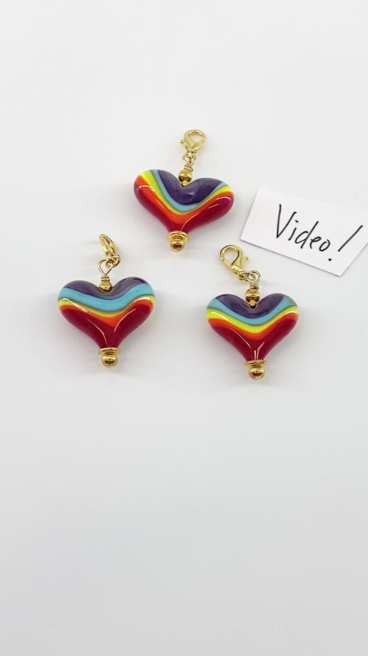 Pendant - "Rainbow" Color Heart - Glass & Gold Fill (Video)