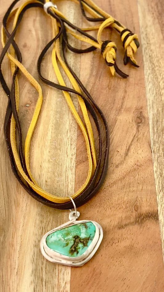 Necklace - Bezel Set Turquoise on 4 Strands of Leather