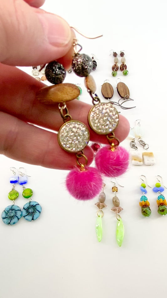 Earrings - Vintage Bead Originals - Pink Pom Pom
