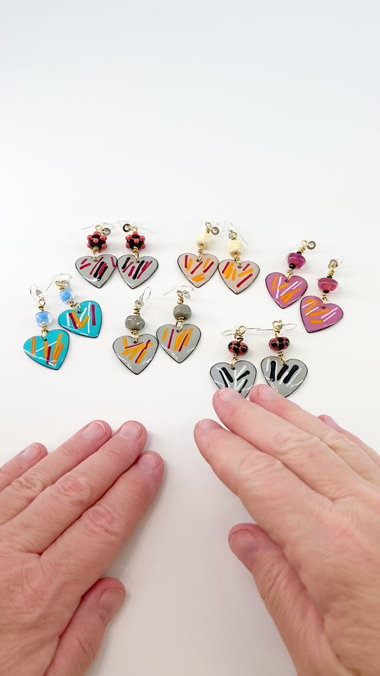 Earrings - Grey Hearts w/ Glass Accent Bead - Enamel (Video)