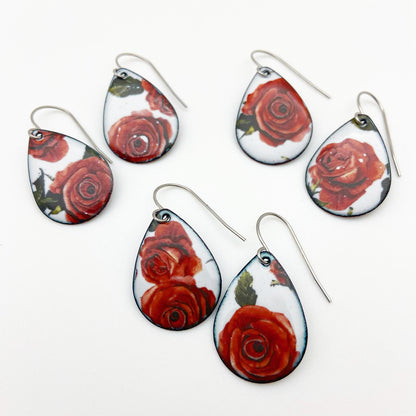 Earrings - Roses on Teardrops - Enamel Originals
