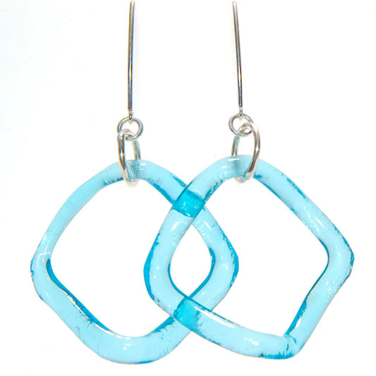 Earrings - Ruffled Glass Boomerang - Sterling - Aqua