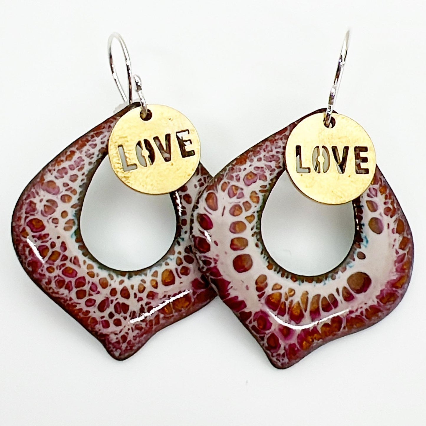 Earrings - Pale Pink Center-Cut Curved Diamonds - Brass "LOVE" Tag - Enamel on Copper