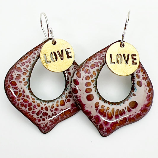 Earrings - Pale Pink Center-Cut Curved Diamonds - Brass "LOVE" Tag - Enamel on Copper