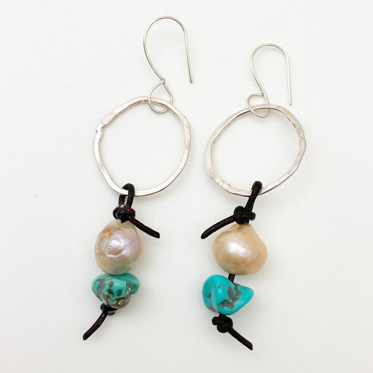 Earrings - Hoops with Corded Pearl and Turquoise - Sterling Originals