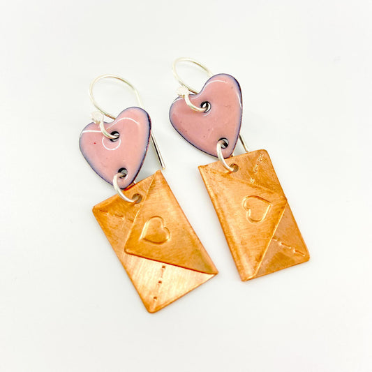 Earrings - Pink Heart with Love Letter - Enamel on Copper with Brass