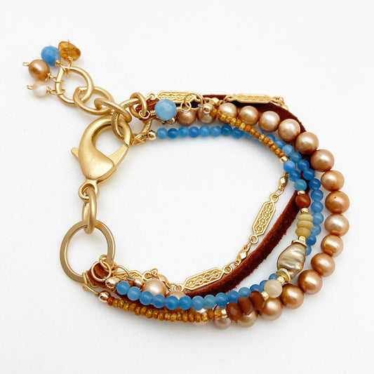Bracelet - "Sand and Sea" - Agate, Pearl, Cat's Eye, and Leather
