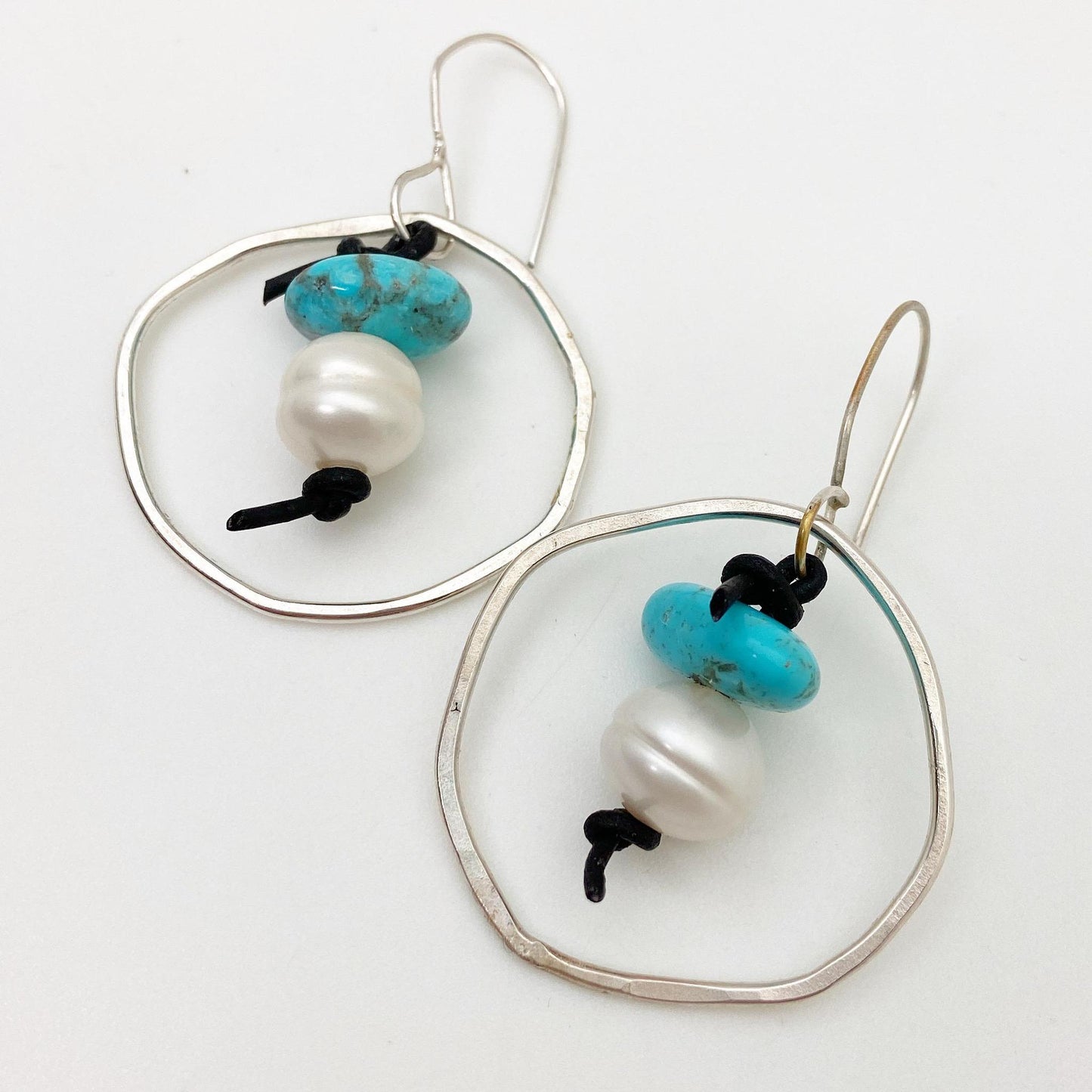 Earrings - Hoops with Turquoise and Pearl on Leather - Sterling Originals
