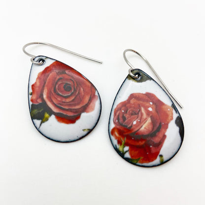 Earrings - Roses on Teardrops - Enamel Originals