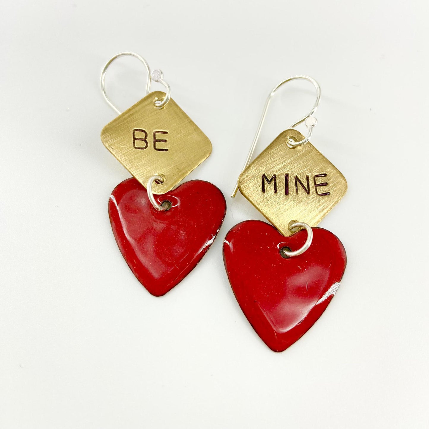 Earrings - Red BE MINE Heart - Enamel on Copper with Brass