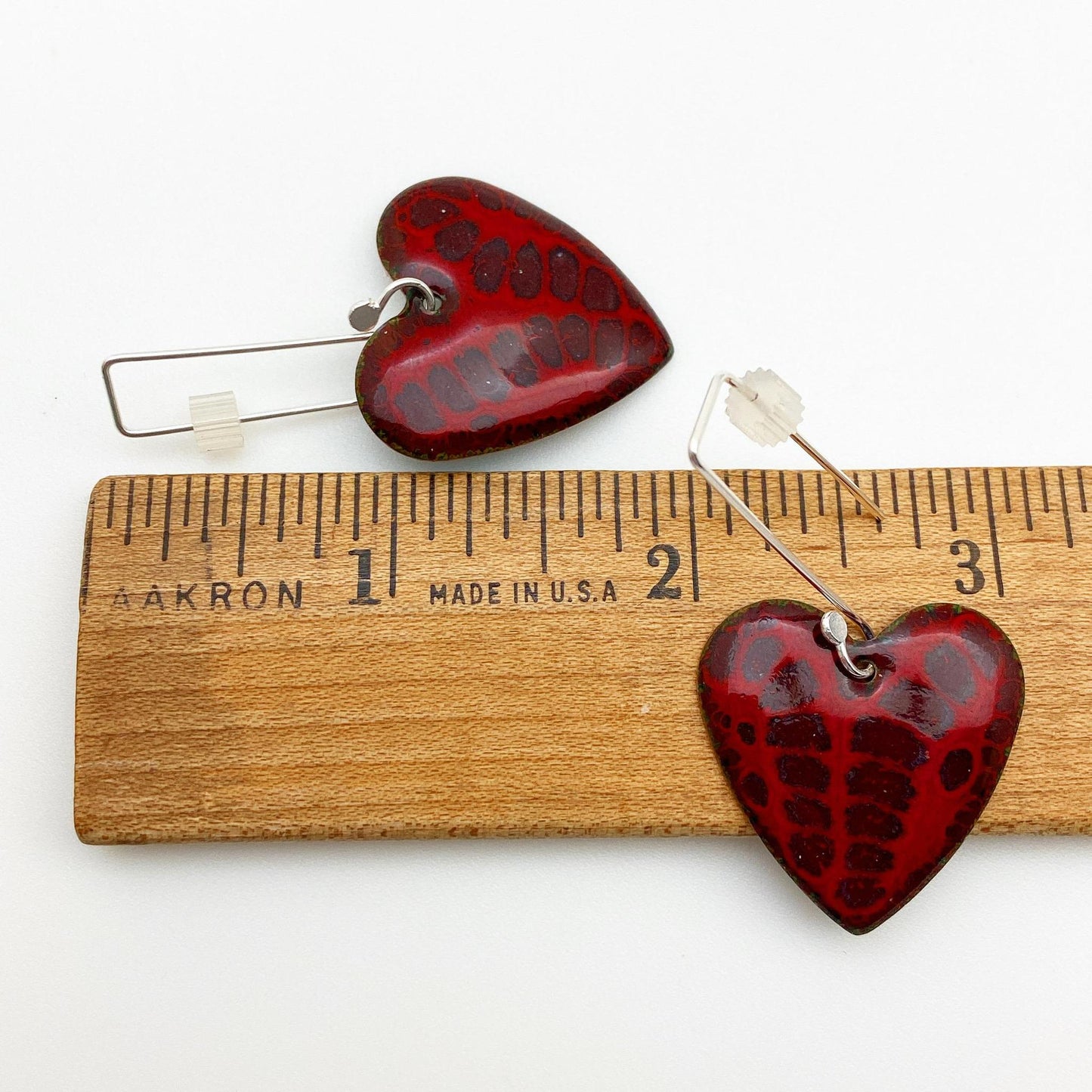 Earrings - Purple Print on Red Hearts - Enamel on Copper