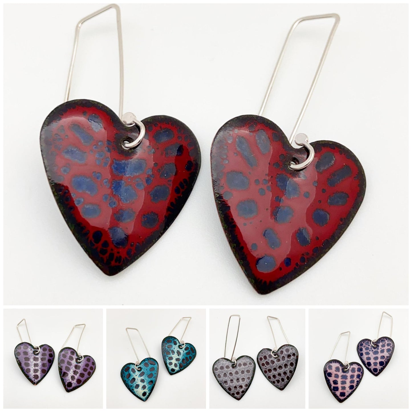 Earrings - Polka Dot Hearts - Enamel on Copper