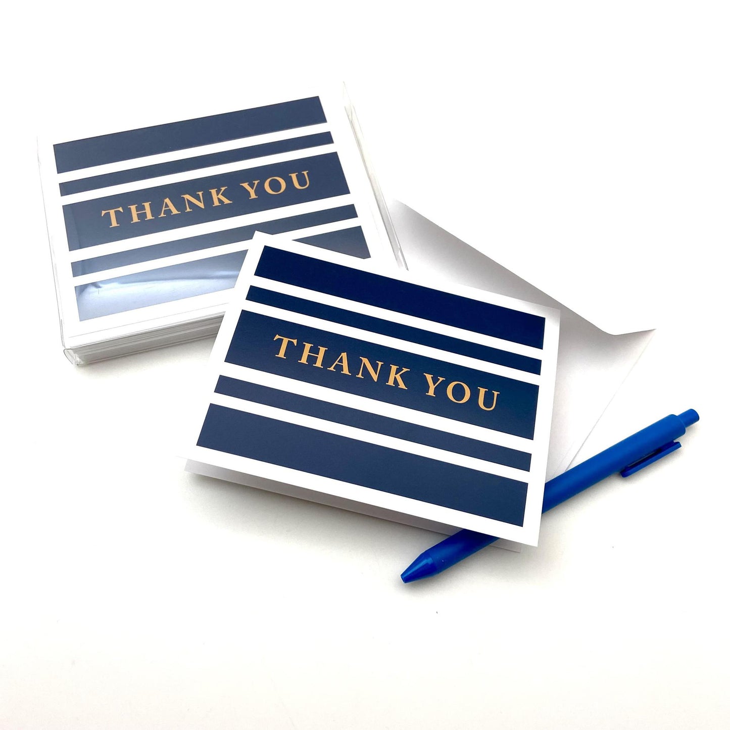 Card Set - "Thank You" Blue Stripes - Pack of 10 - Printed