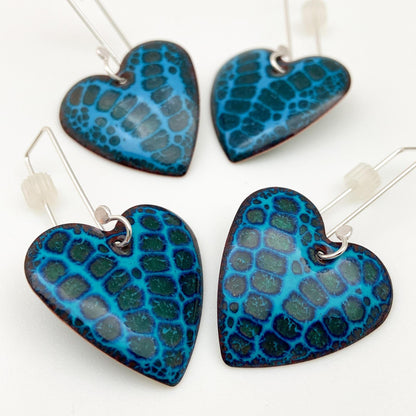 Earrings - Navy Print on Turquoise Hearts - Enamel on Copper