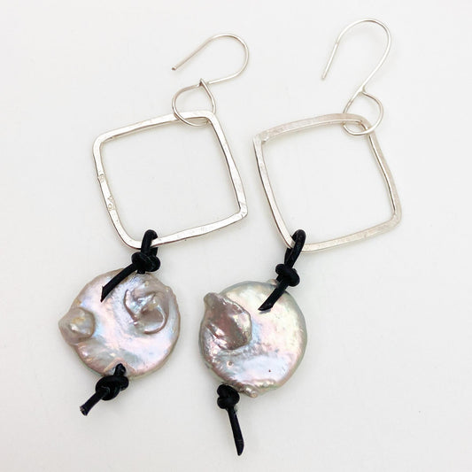 Earrings - Coin Pearl with Sterling Diamonds and Leather