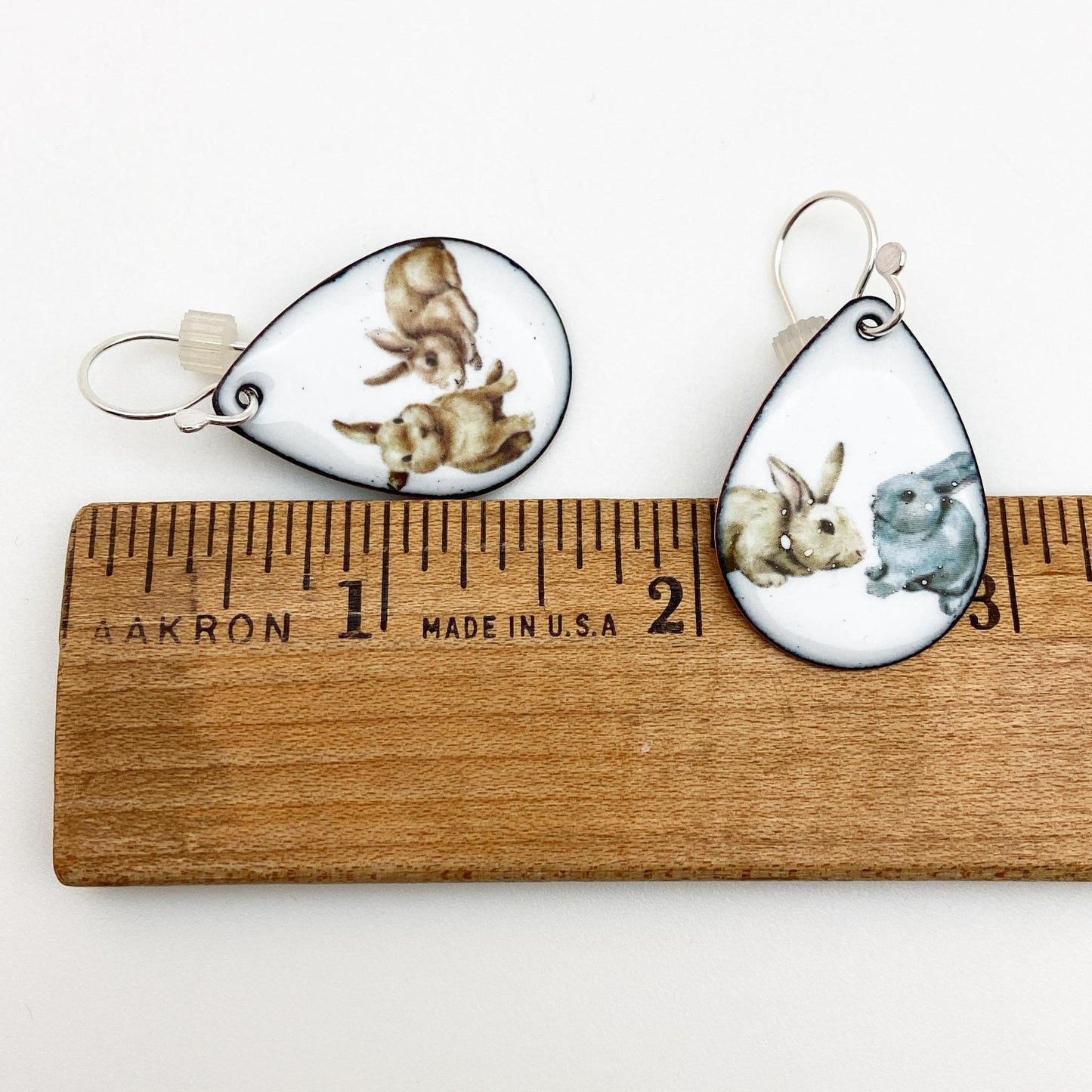 Earrings - Happy Bunnies - White Teardrop - Enamel on Copper