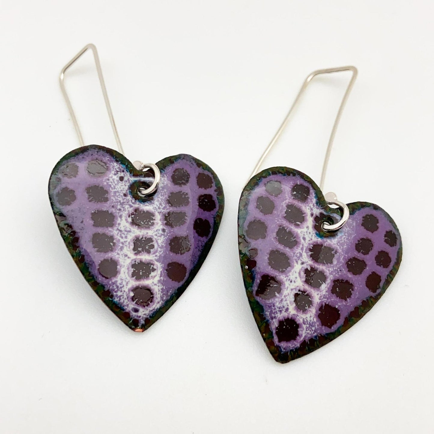 Earrings - Polka Dot Hearts - Enamel on Copper