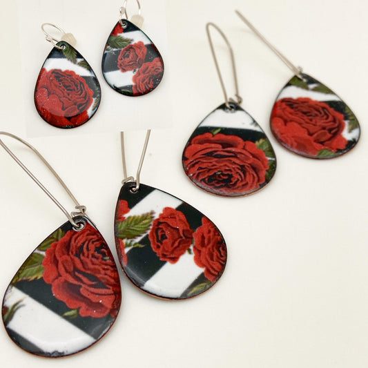 Earrings - Roses on Teardrops - Enamel on Copper