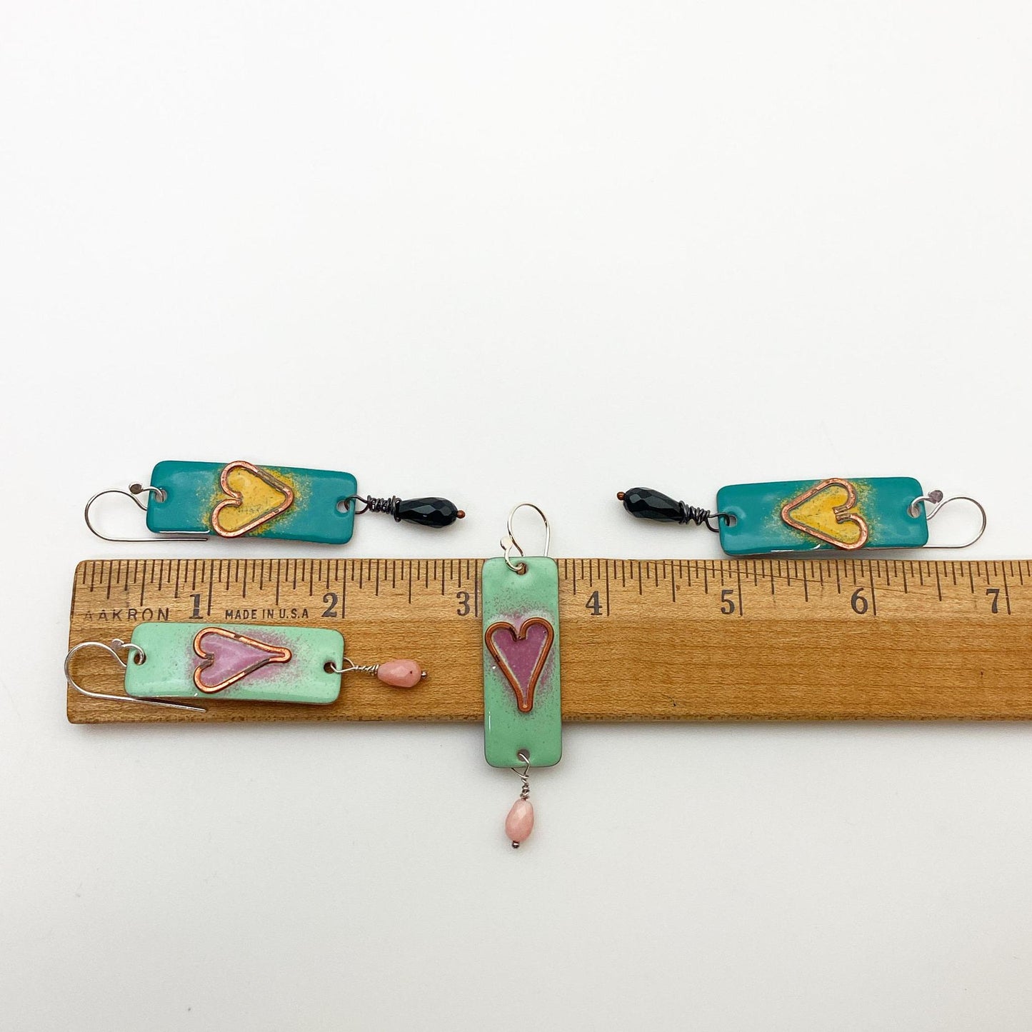 Earrings - Turquoise Hearts with Clear Crystals - Copper and Enamel on Copper