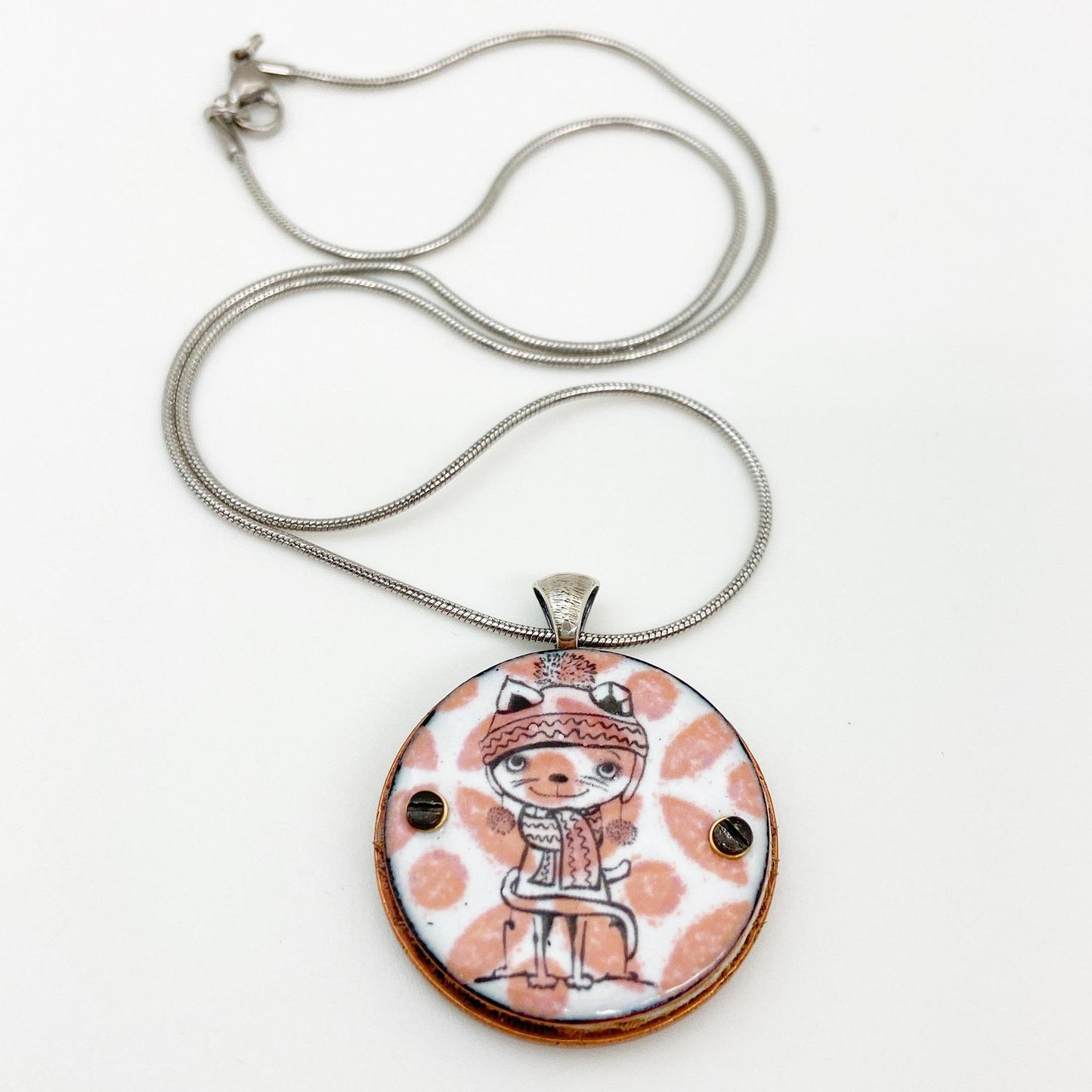 Necklace - Hat and Scarf Cat - Enamel on Copper & Coin