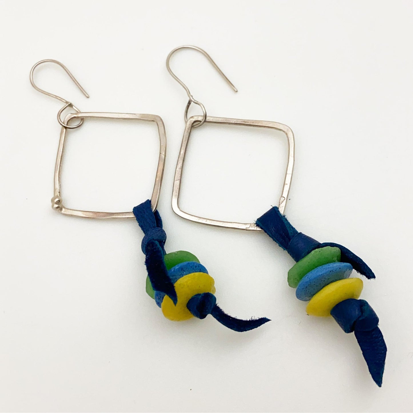 Earrings - Blue/Lime/Green Beads on Leather - Sterling Hoops