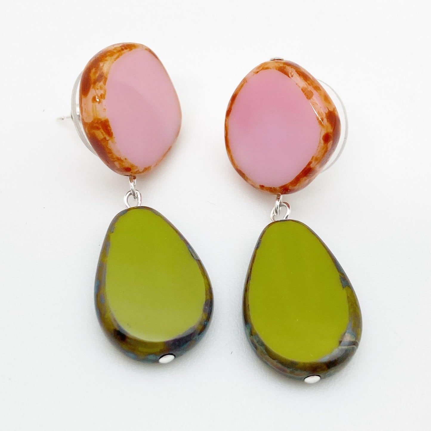 Earrings - Furnace Glass Drops - Pink and Green Posts