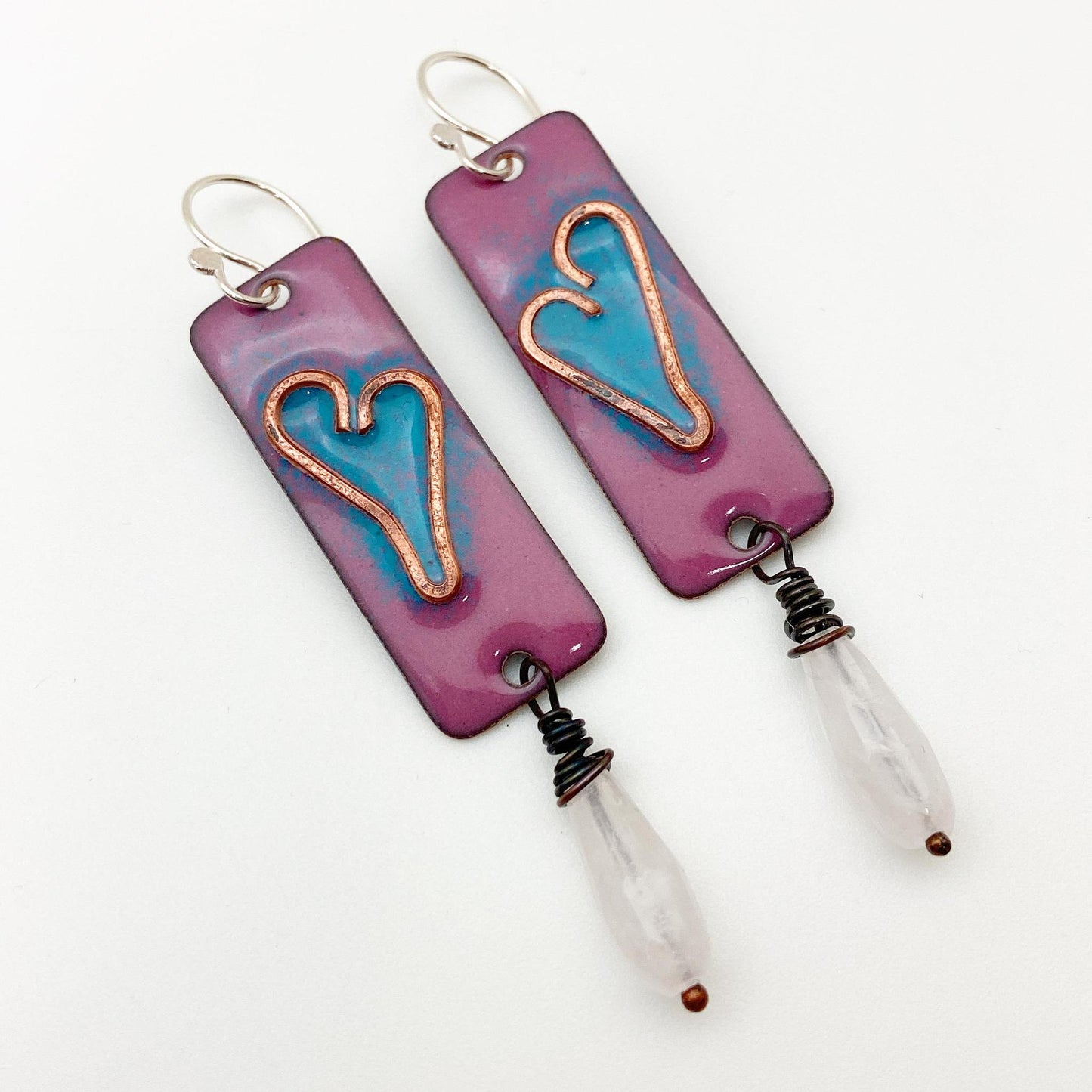Earrings - Turquoise Hearts with Clear Crystals - Copper and Enamel on Copper