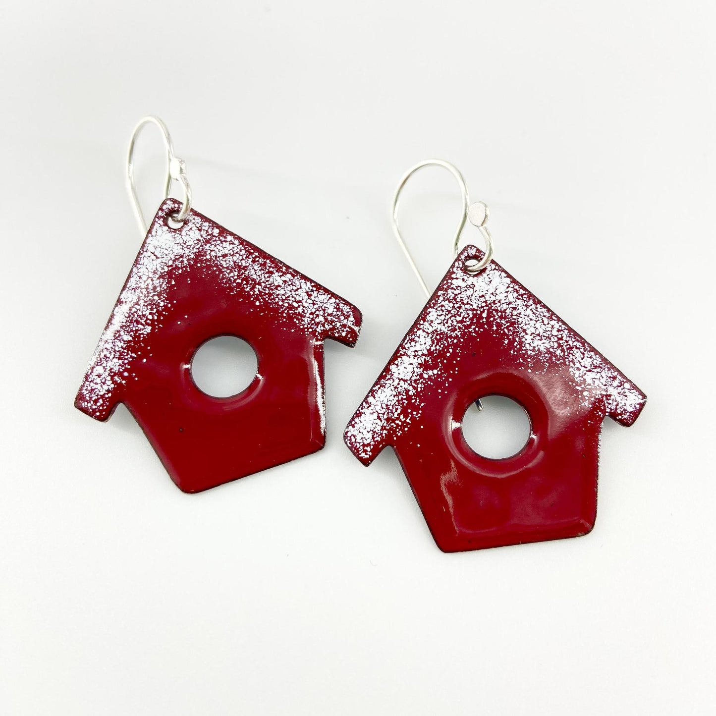 Earrings - Red Bird House with Snow - Enamel on Copper