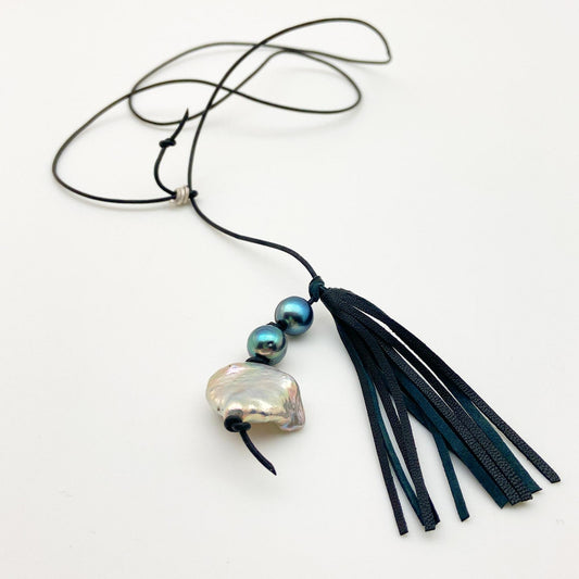 Necklace - Hand-Knotted Pearls on Leather - Pendant and Tassel