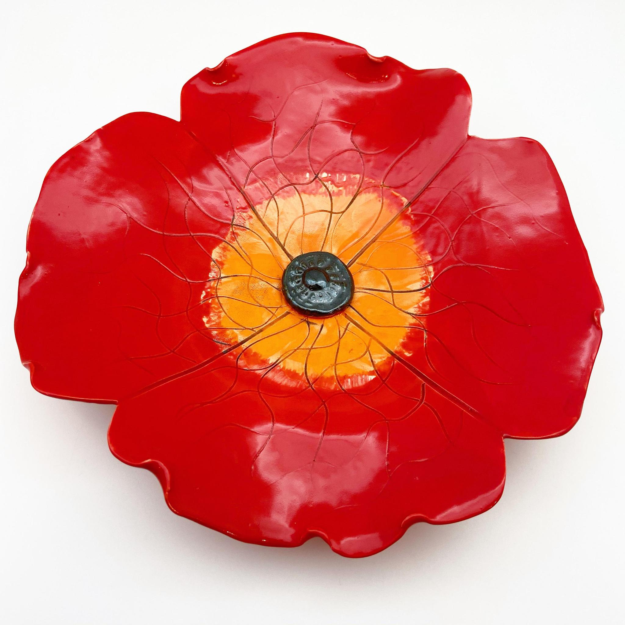 Red Stoneware Poppy, Large Beautiful Red Ceramic Wall Flower Poppy Sculpture, Commemorative Ready To Hang Pottery Poppy Wall Art, on sale 20cm wide.