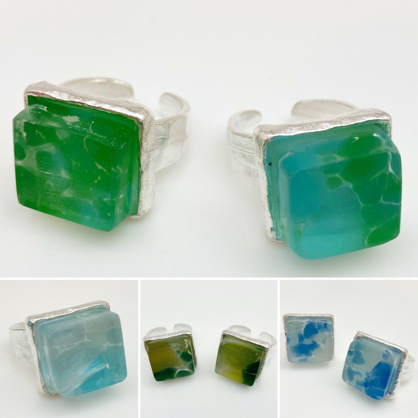 Ring - Reclaimed Fused Glass - Silver Base - "Blue Green"