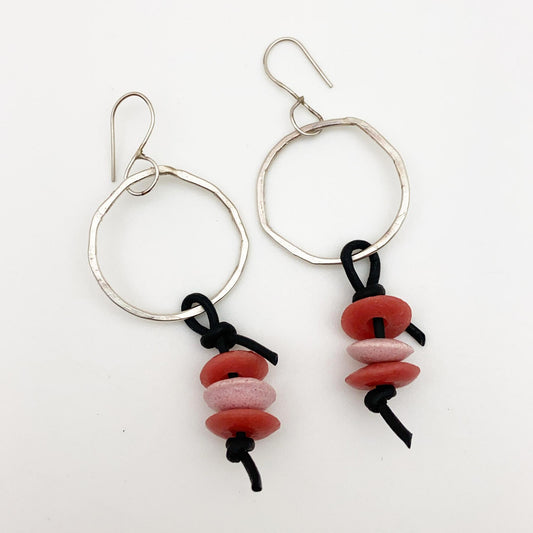 Earrings - Pink/Red Beads on Leather - Sterling Hoop