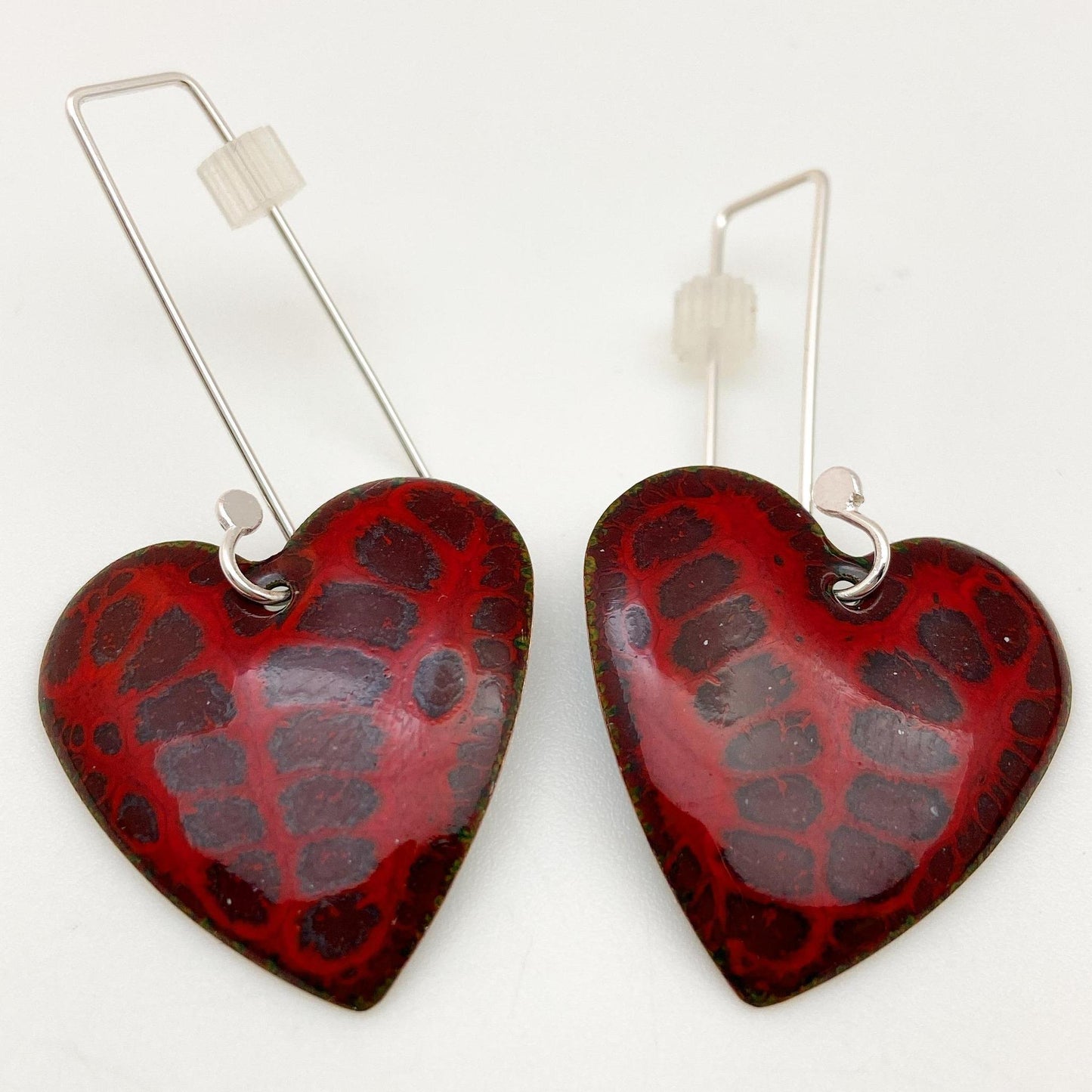 Earrings - Purple Print on Red Hearts - Enamel on Copper