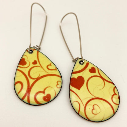 Earrings - Red on Yellow Swirl Teardrops - Enamel on Copper