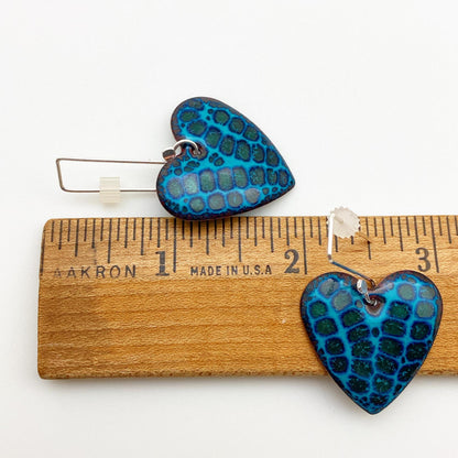 Earrings - Navy Print on Turquoise Hearts - Enamel on Copper