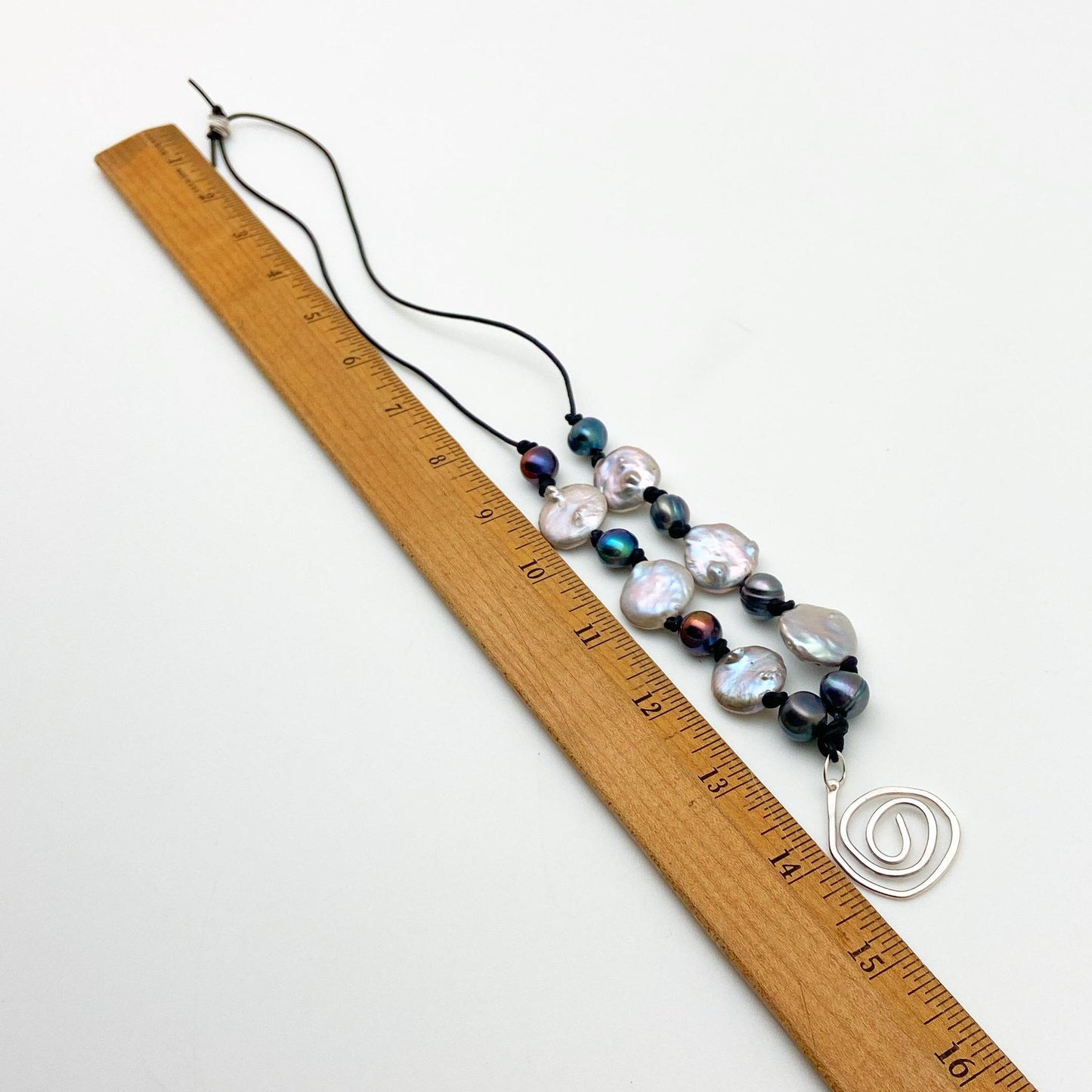 Necklace - Hand-Knotted Pearl on Leather - Sterling Swirl Pendant