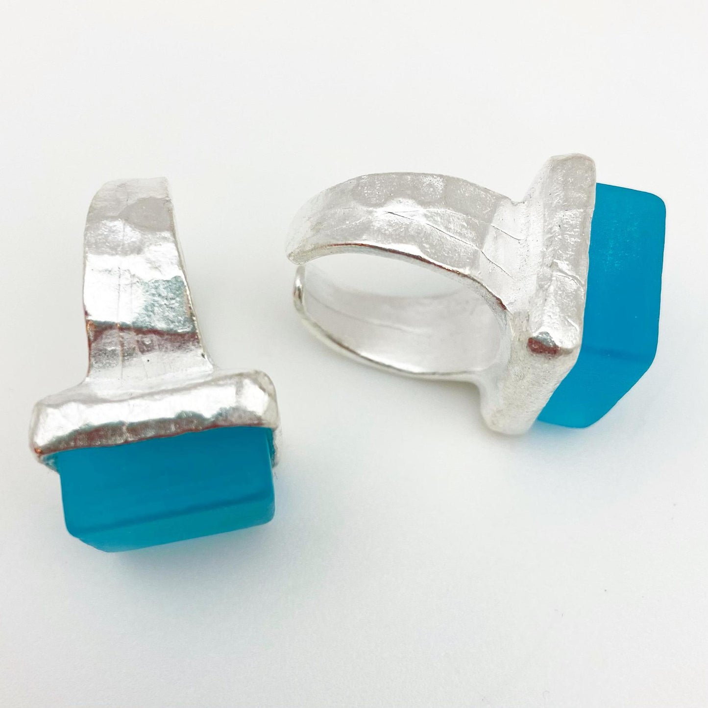 Ring - Reclaimed Monochrome Glass - Silver Base - "Aqua"