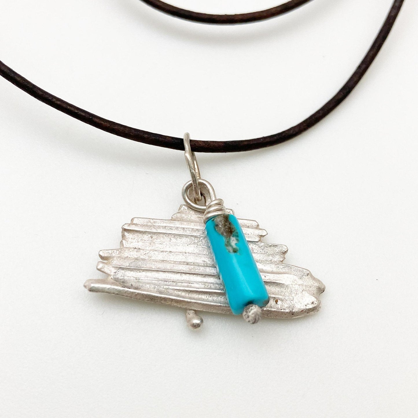 Necklace - Sterling "Cedar Bark" and Turquoise on Leather