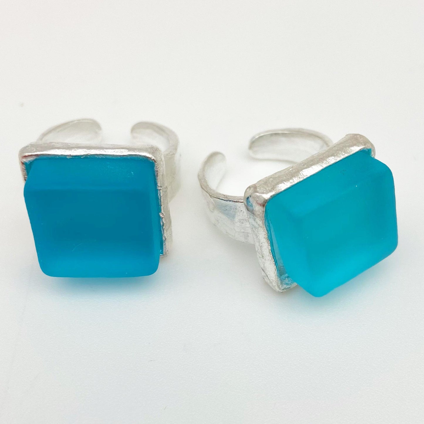 Ring - Reclaimed Monochrome Glass - Silver Base - "Aqua"