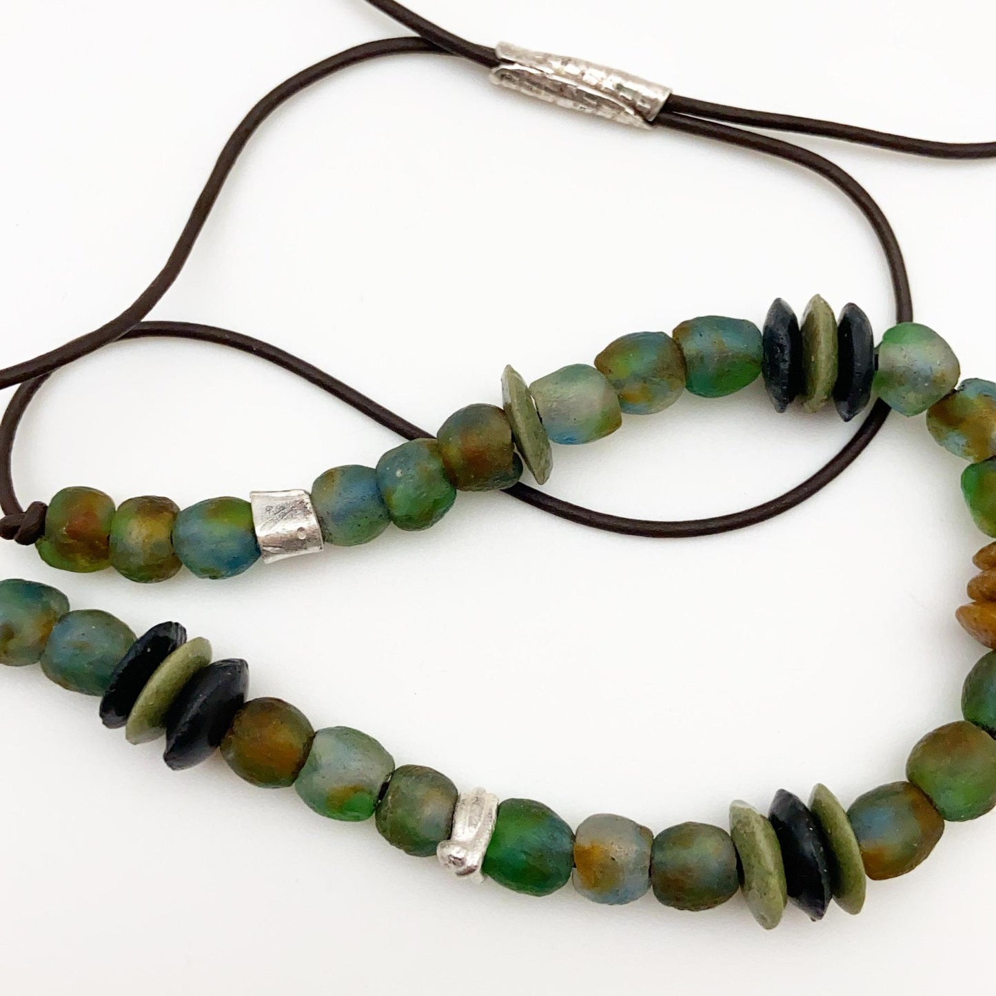 Necklace - Glass Trade Beads on Leather with Sterling
