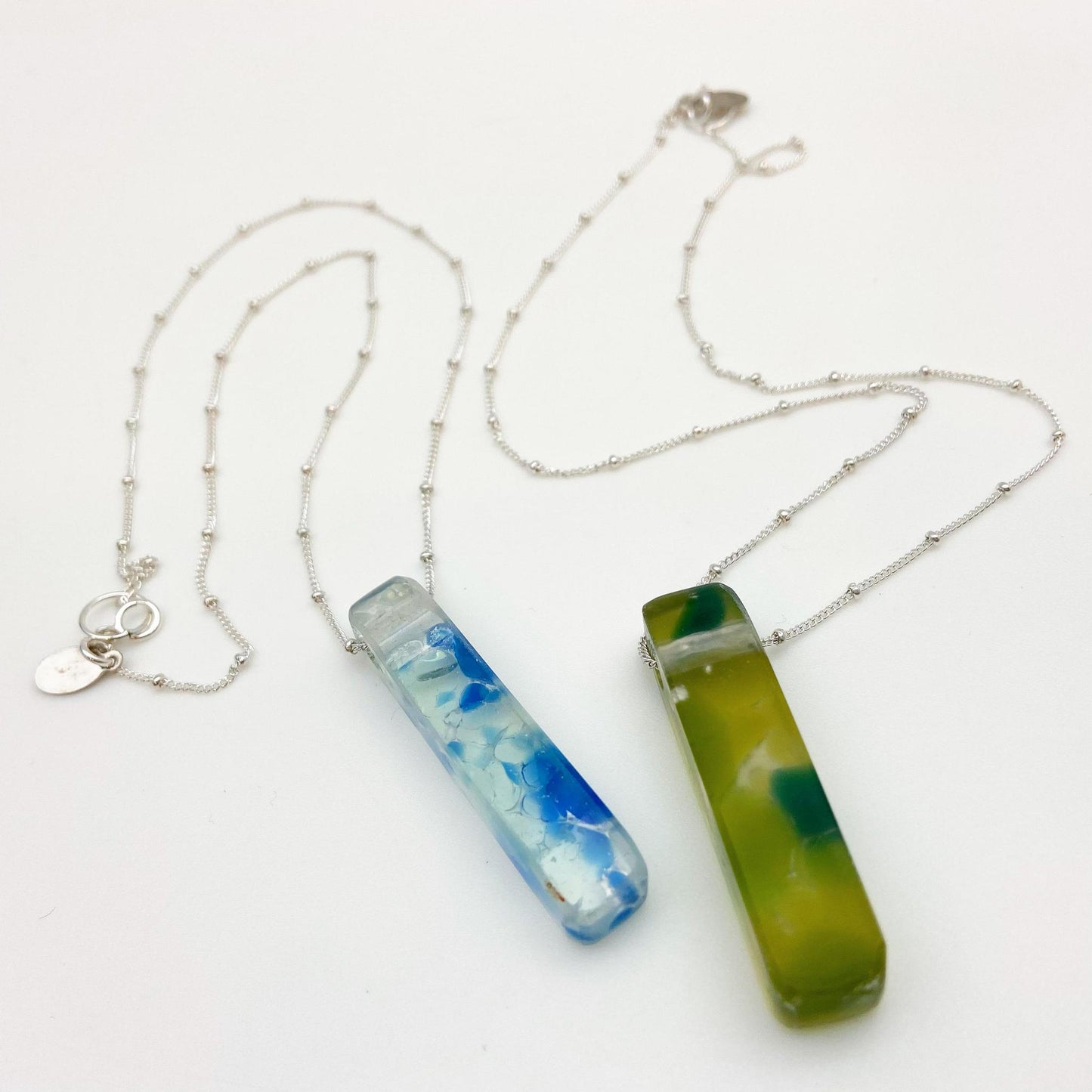 Necklace - Reclaimed Glass Slab on Sterling - Cool Blues