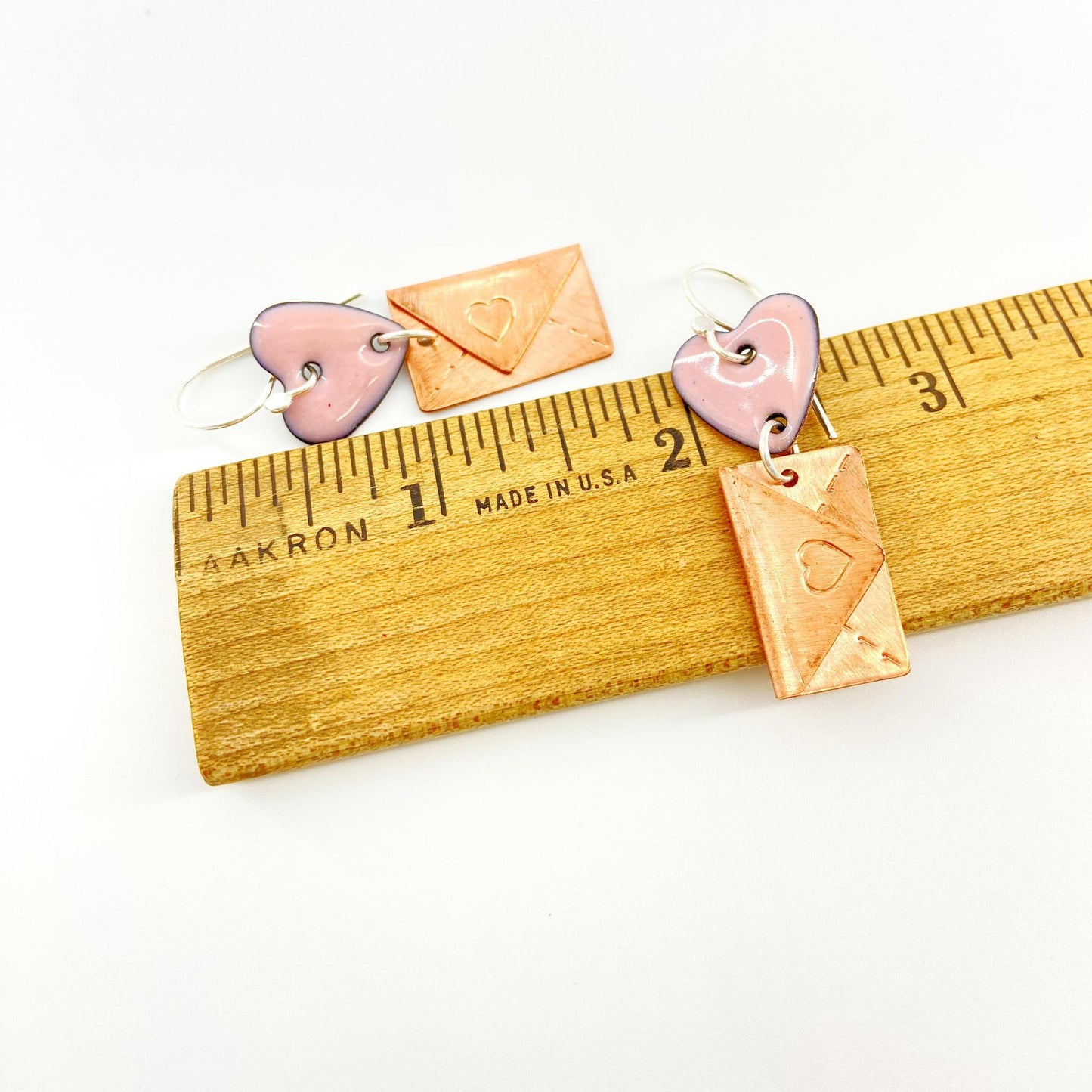 Earrings - Pink Heart with Love Letter - Enamel on Copper with Brass